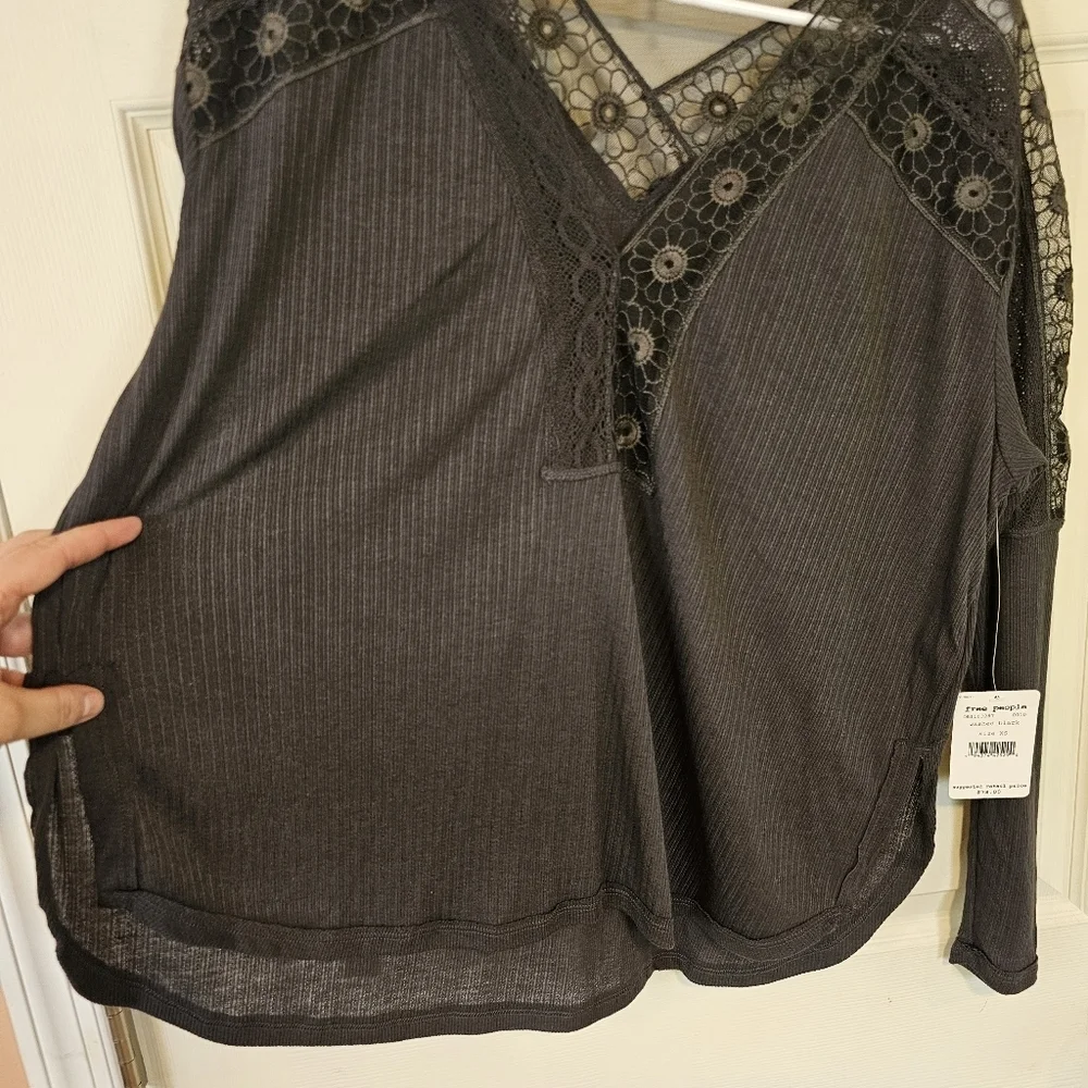 Free People Lola Waffle Knit Mesh Floral V-Neck Oversized Top
